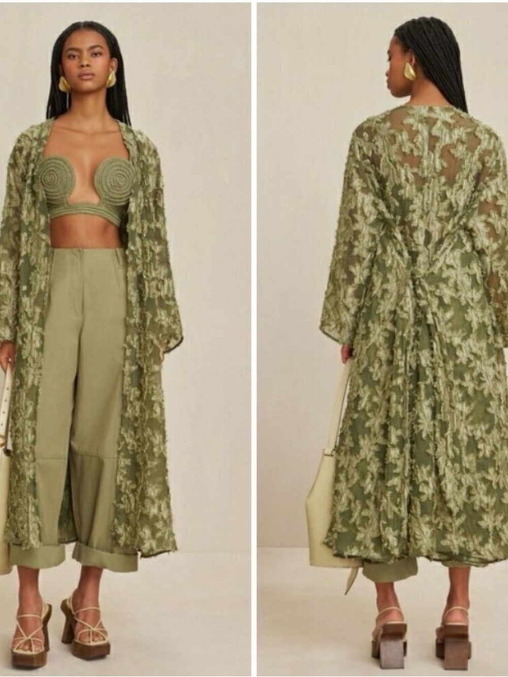 Cult Gaia Chana Jacquard Lace Floral Coat Duster Olive Sage Green M